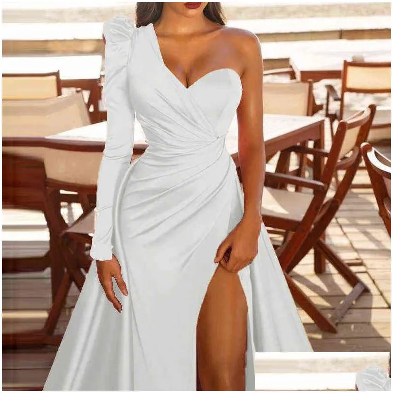 prom wedding party dresses women evening elegant sexy one shoulder backless satin pleated side split loose long maxi dress 2022