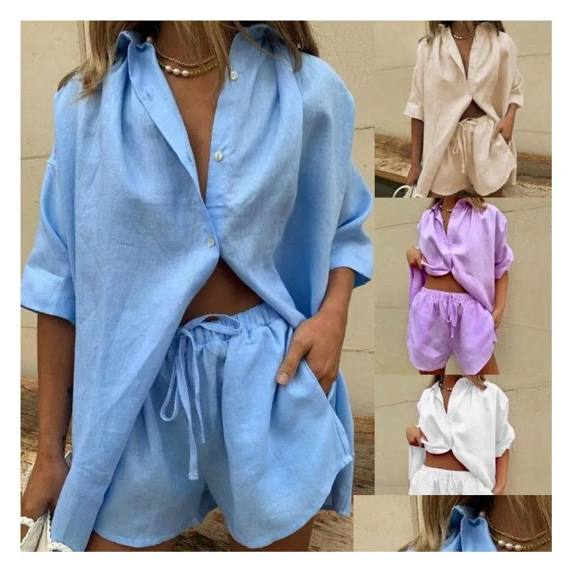 womens tracksuits women lounge wear shorts set short sleeve shirt tops and loose mini suit two piece cotton linen summer tracksuit