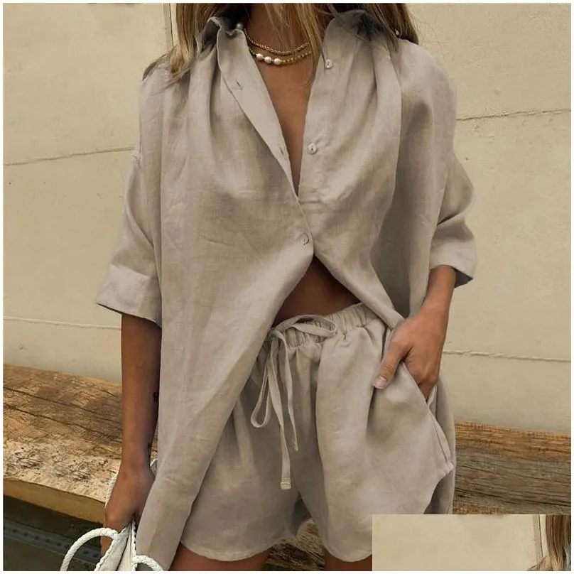 womens tracksuits women lounge wear shorts set short sleeve shirt tops and loose mini suit two piece cotton linen summer tracksuit