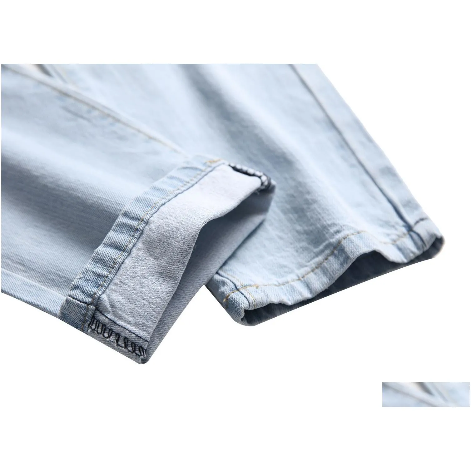 mens jeans mens light color slim fit hole high street blue non-elastic casual fashion urban stretwear