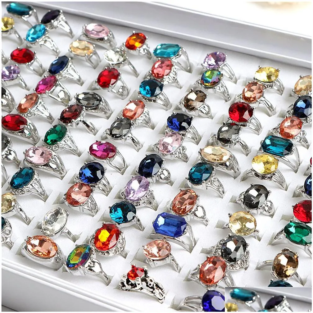 wholesale 50pcs/lot fashion colorful glass imitation gemstone rings for women mix color party gifts jewelry