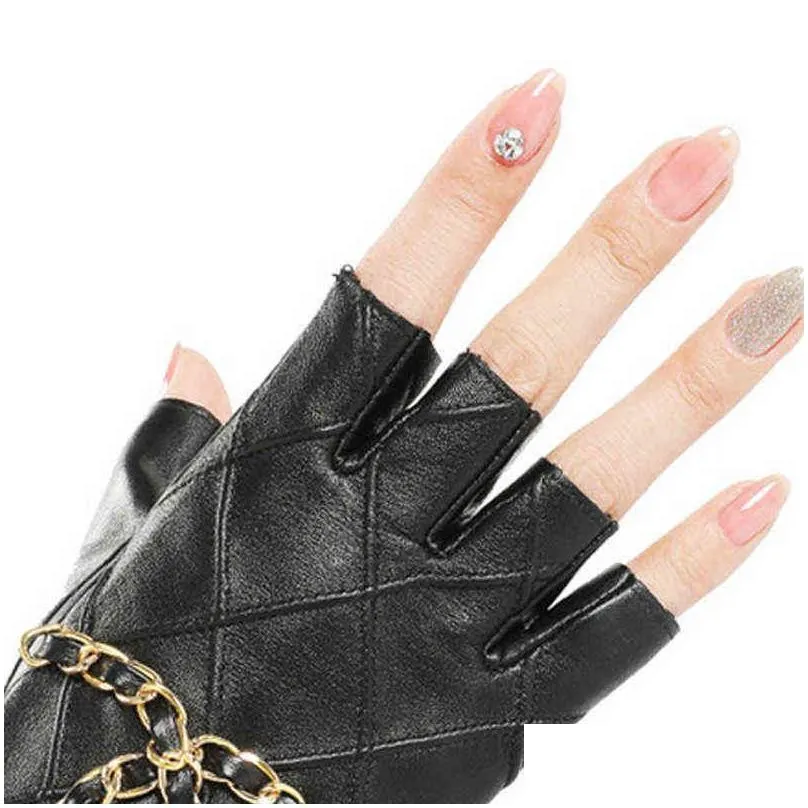 2pcs genuine leather half gloves with metal chain skull punk motorcycle biker fingerless glove cool touch screen 211214