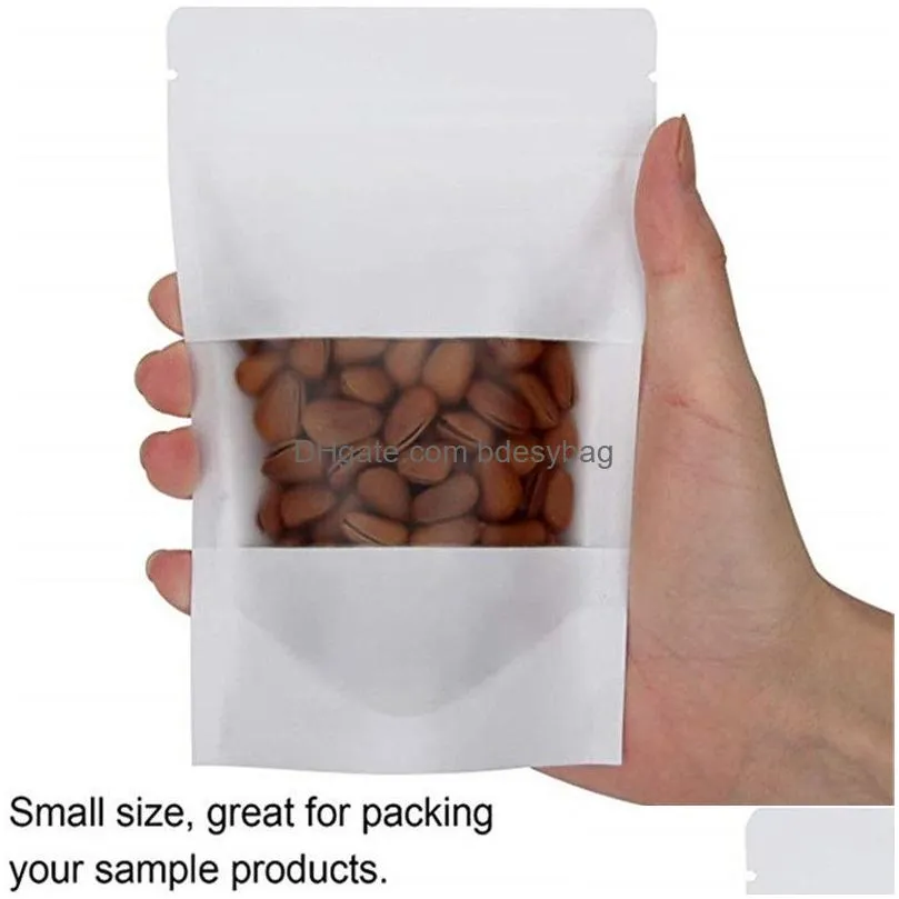 100pcs/lot kraft zipper stand up bag reclosable white paper bags for food storage with matte window pouch