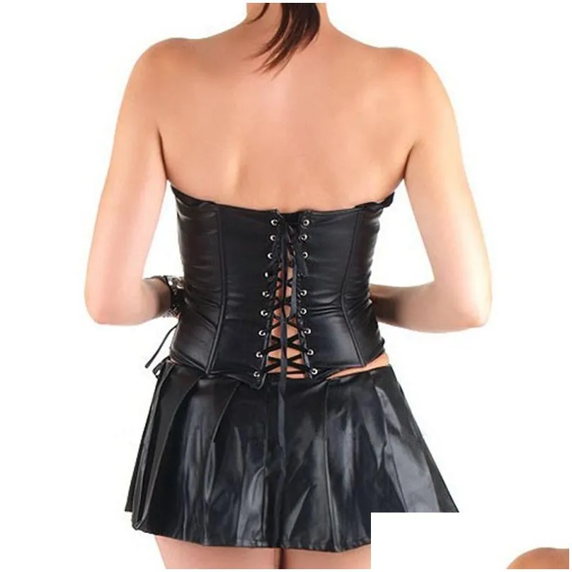 wholesale- women sexy leather steampunk corset pvc zip front back bandage top overbust body shaper waist lingerie gothic dominatrix