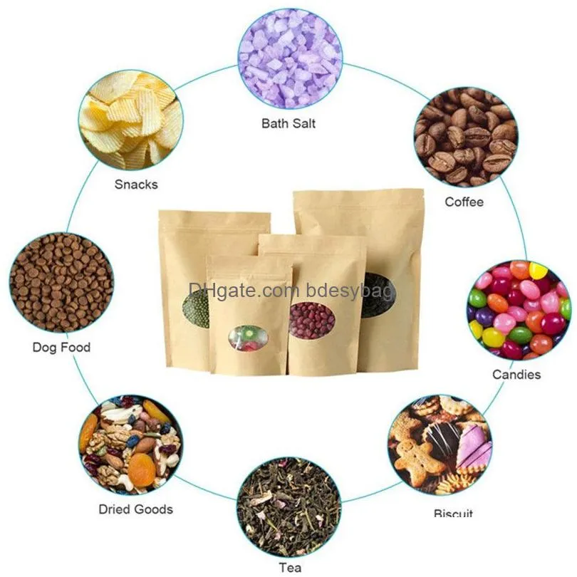 100pcs/lot kraft paper bags reusable sealing food pouches stand-up fruit tea gift package with transparent window packing