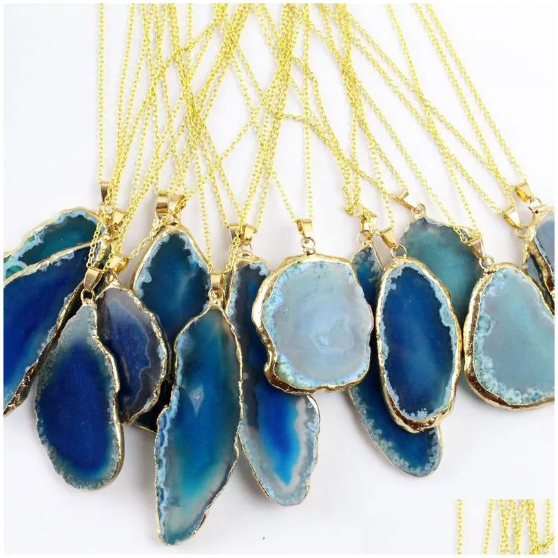 stainless steel chain natural stone agate pendant necklace gold edge irregular shape necklaces women fashion jewelry will and sandy