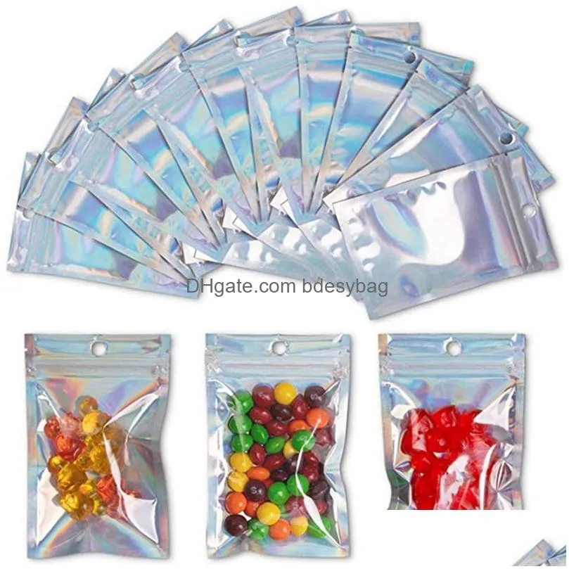 100pcs lot plastic aluminum foil bag holographic smell proof bags reclosable zipper pouch storage package with hanging hole