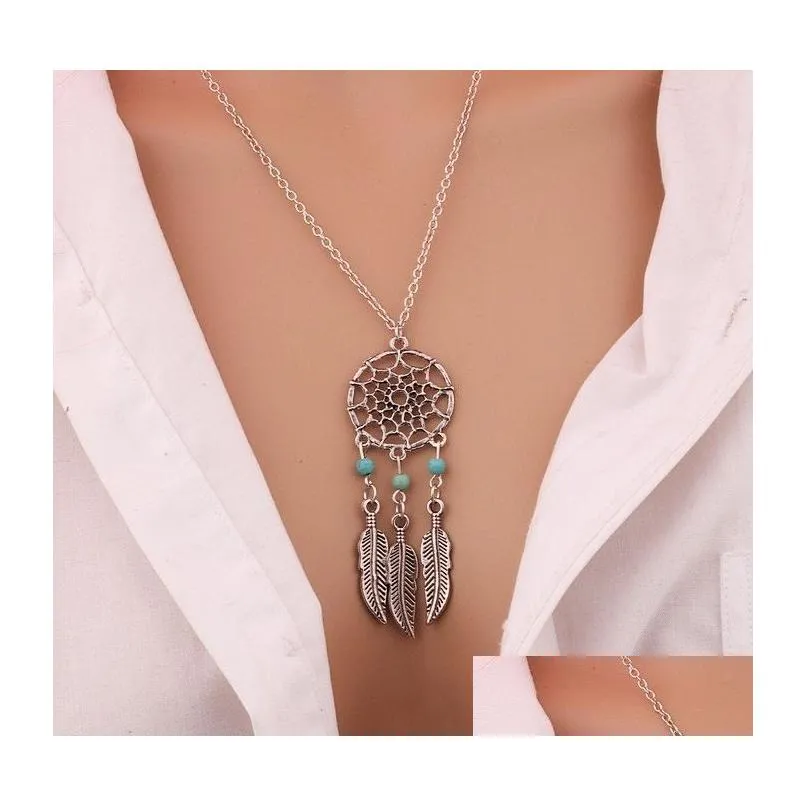 hot fashion dream catchers choker necklaces silver gold tassel wings feather leaf turquoise pendant necklace for womens fashion