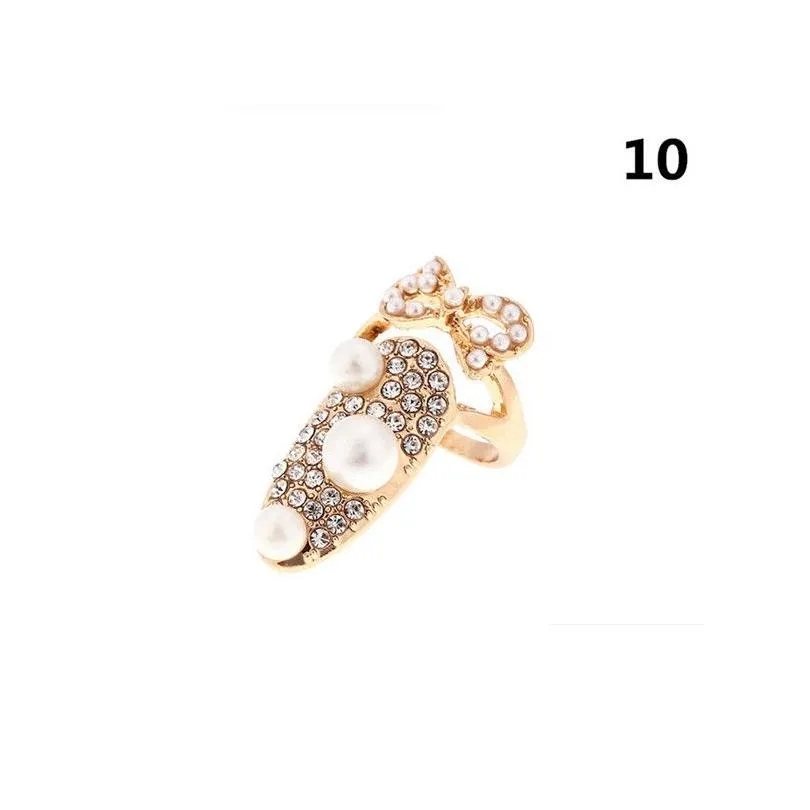 bowknot nail ring charm crown flower crystal finger nail rings for women lady rhinestone fingernail protective fashion jewelry