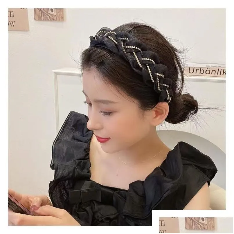 2023 fried dough twists knitted hair band fairy organza high end rhinestone set diamond light luxury hair band