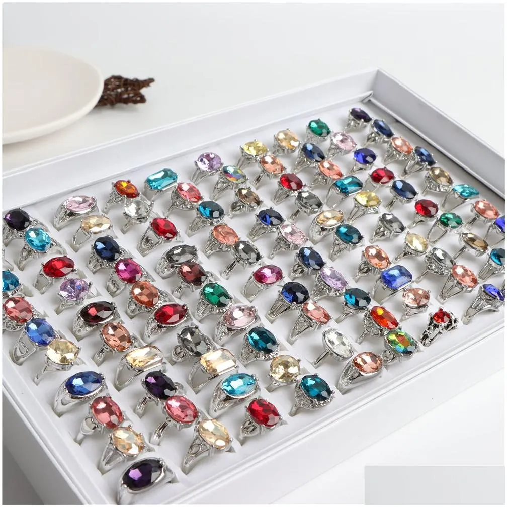 wholesale 50pcs/lot fashion colorful glass imitation gemstone rings for women mix color party gifts jewelry