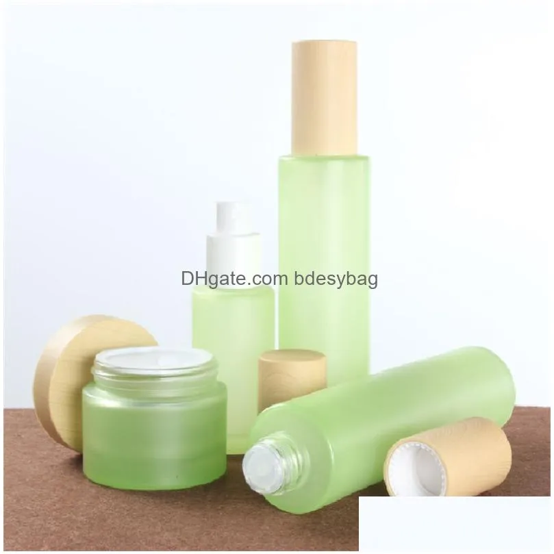 frosted green glass bottle face cream jar fine mist spray lotion pump bottles refillable cosmetic container jars 20ml 30ml 40ml 60ml 80ml 100ml