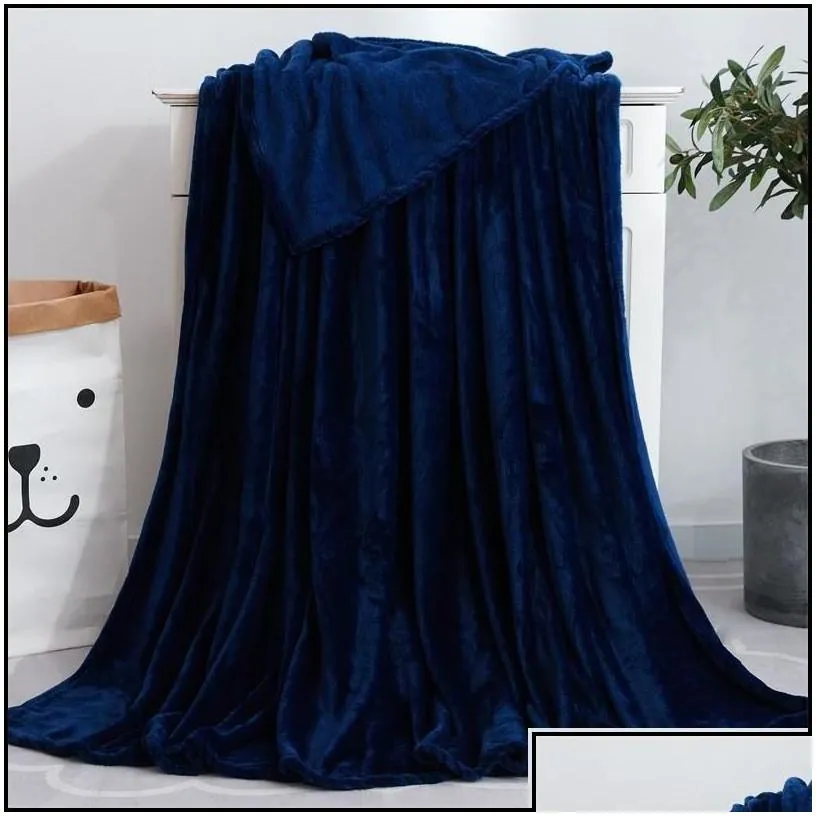 Blankets Coral Fleece Blanket Solid Color Flannel Winter Warm Soft Bedroom Throw Portable Light Weight Quilt Drop Delivery Home Gard