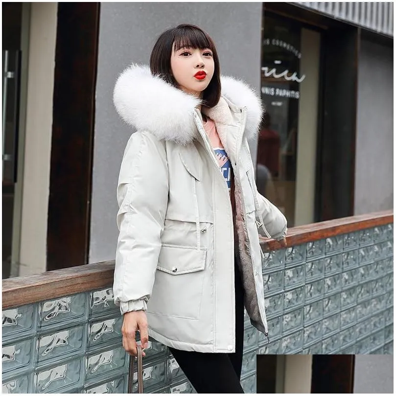 womens down parkas winter coat women fleece cotton padding fur hooded slim waist drawstring thick long jacket solid mujer 2022