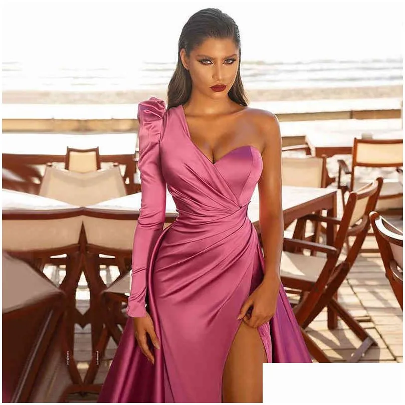 prom wedding party dresses women evening elegant sexy one shoulder backless satin pleated side split loose long maxi dress 2022