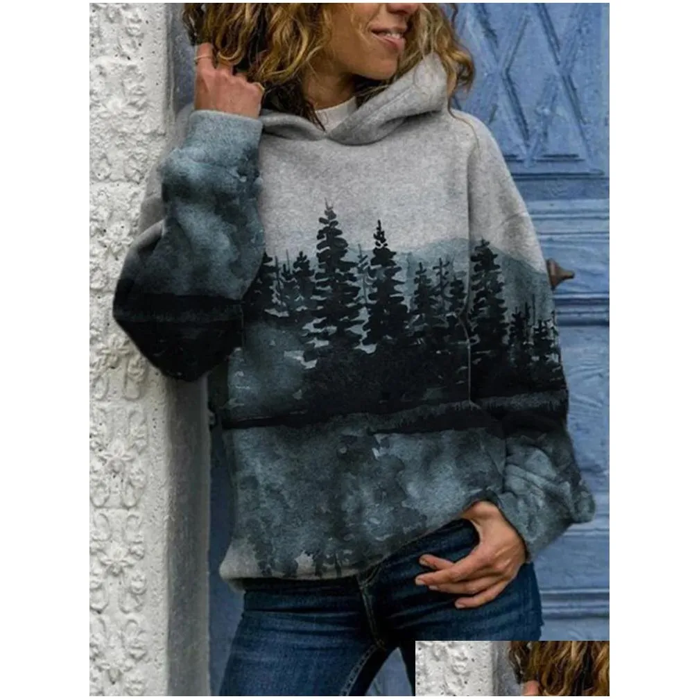 womens round neck casual hoodie sweatshirt long sleeve mountain landscape printed plus size tops t-shirts autumn and winter 220321