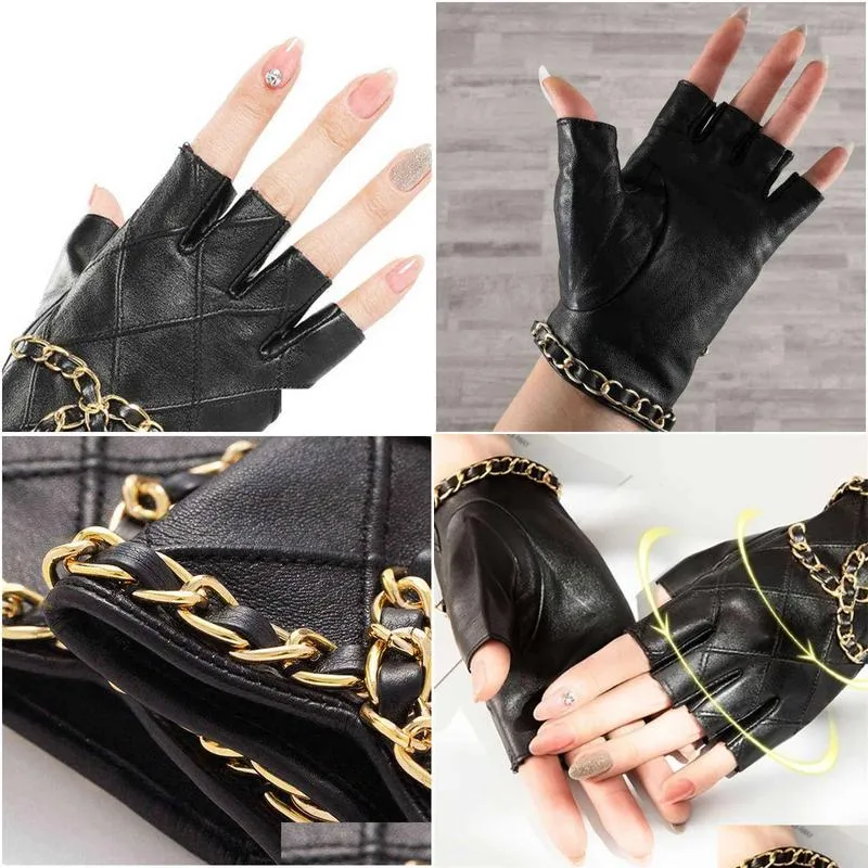 2pcs genuine leather half gloves with metal chain skull punk motorcycle biker fingerless glove cool touch screen 211214