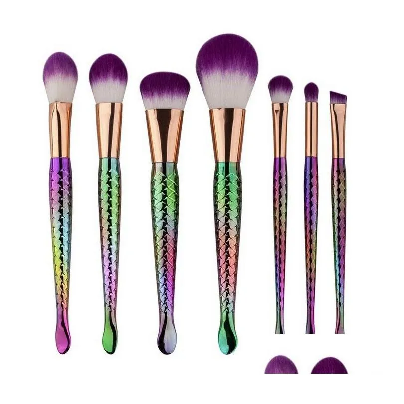 7pcs/set mermaid makeup brushes set make up brush 3d colorful mermaid brushes fundation powder cream blush fish tail brush kit factory