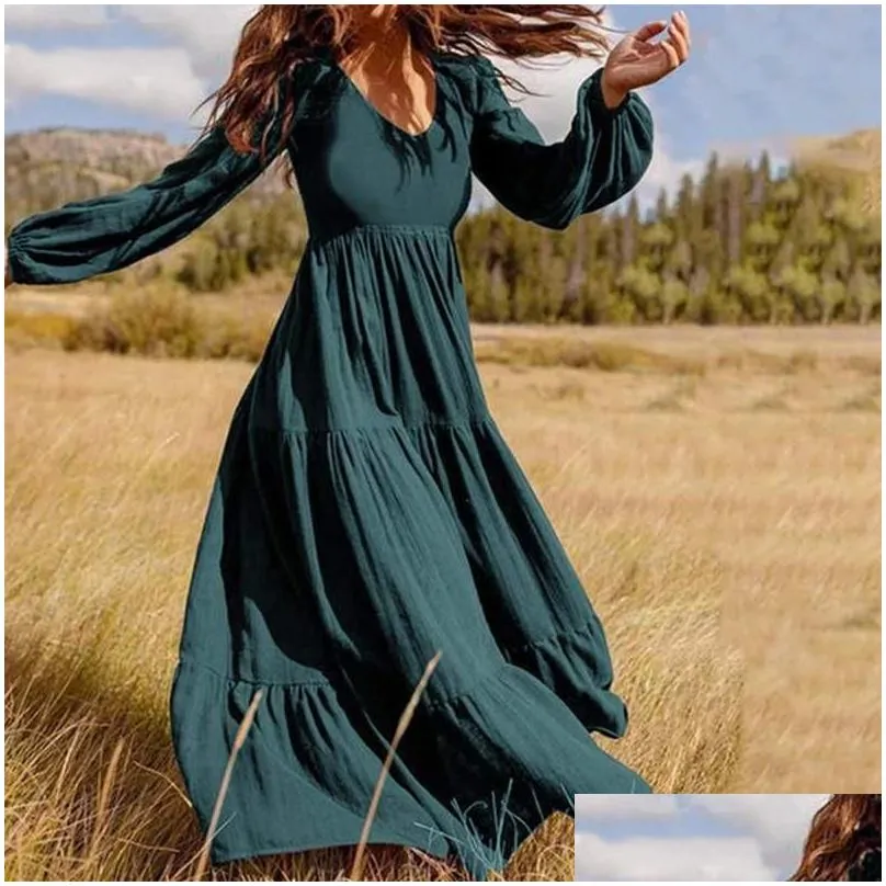 casual dresses women dress autumn long sleeve loose pleated s-5xl big size vestidos female ruffle splice elegant retro boho