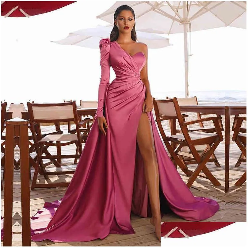 prom wedding party dresses women evening elegant sexy one shoulder backless satin pleated side split loose long maxi dress 2022