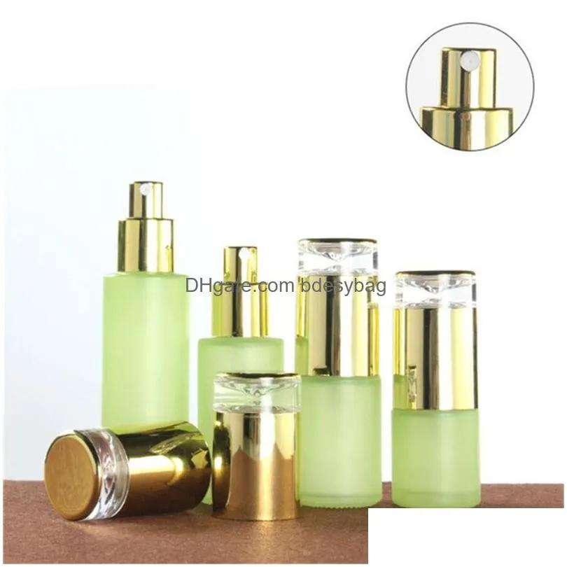 frosted green glass bottle cosmetic face cream jar packaging with plastic cap empty spray lotion pump bottles 20ml 30ml 40ml 60ml 80ml 100ml