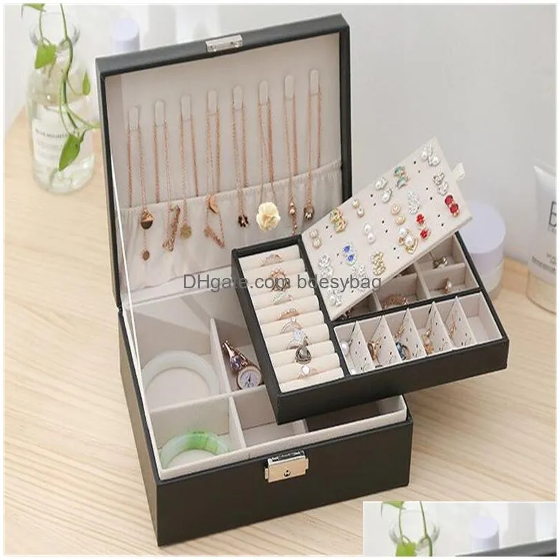 double layer jewelry box pu leather organizer display boxes travel jewelry storage case large space holder for rings earrings