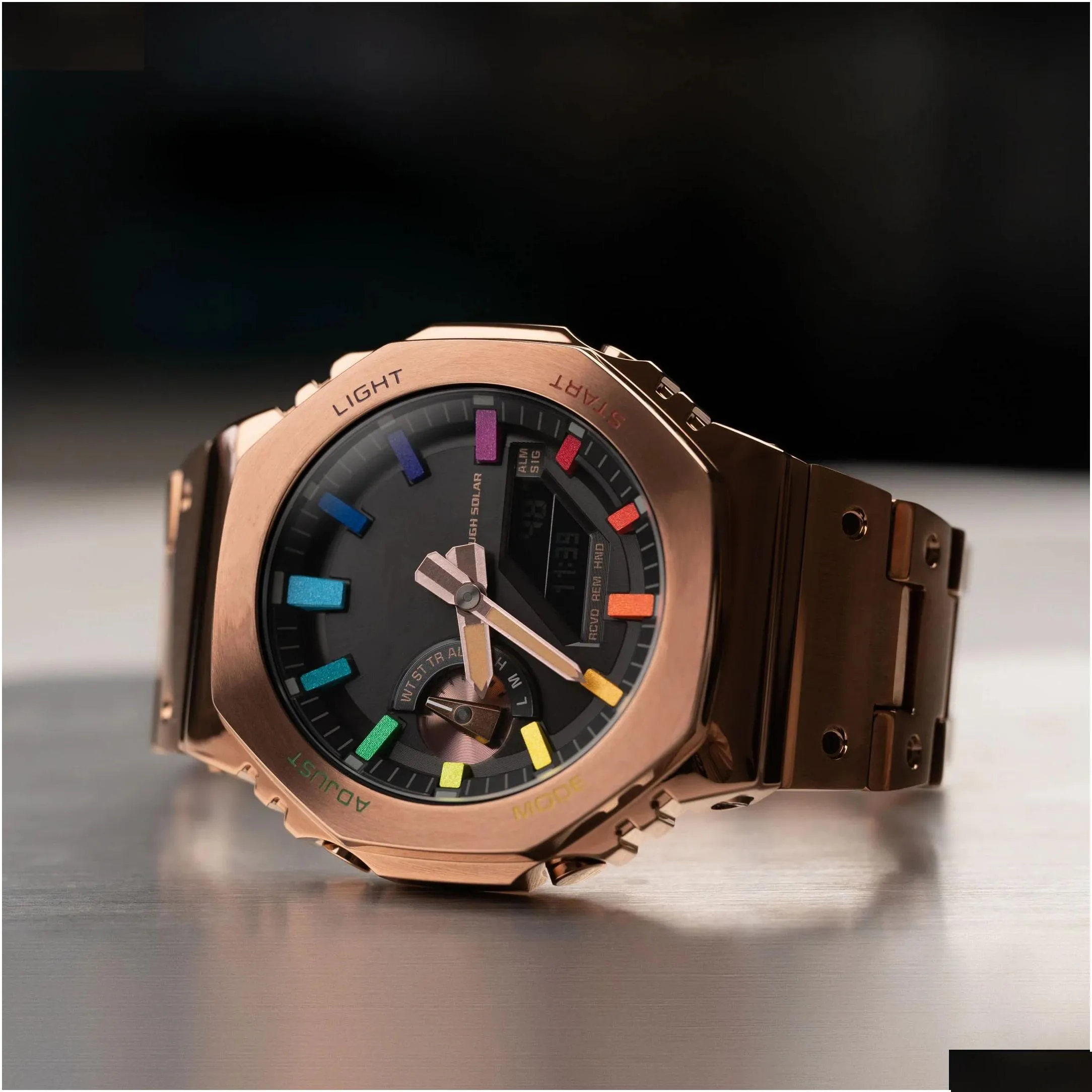 sports quartz digital uni watch original shock watch full function world time led automatic hand light alloy rainbow dial rose gold gm-b2100 oak