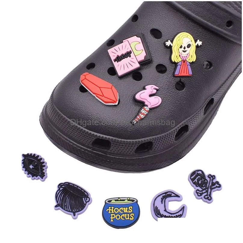 100pcs Pvc Halloween Theme Witch Shoe Charms Decoration Buckle Parts Accessories Jibitz for Croc Charms Clog Decor Buttons