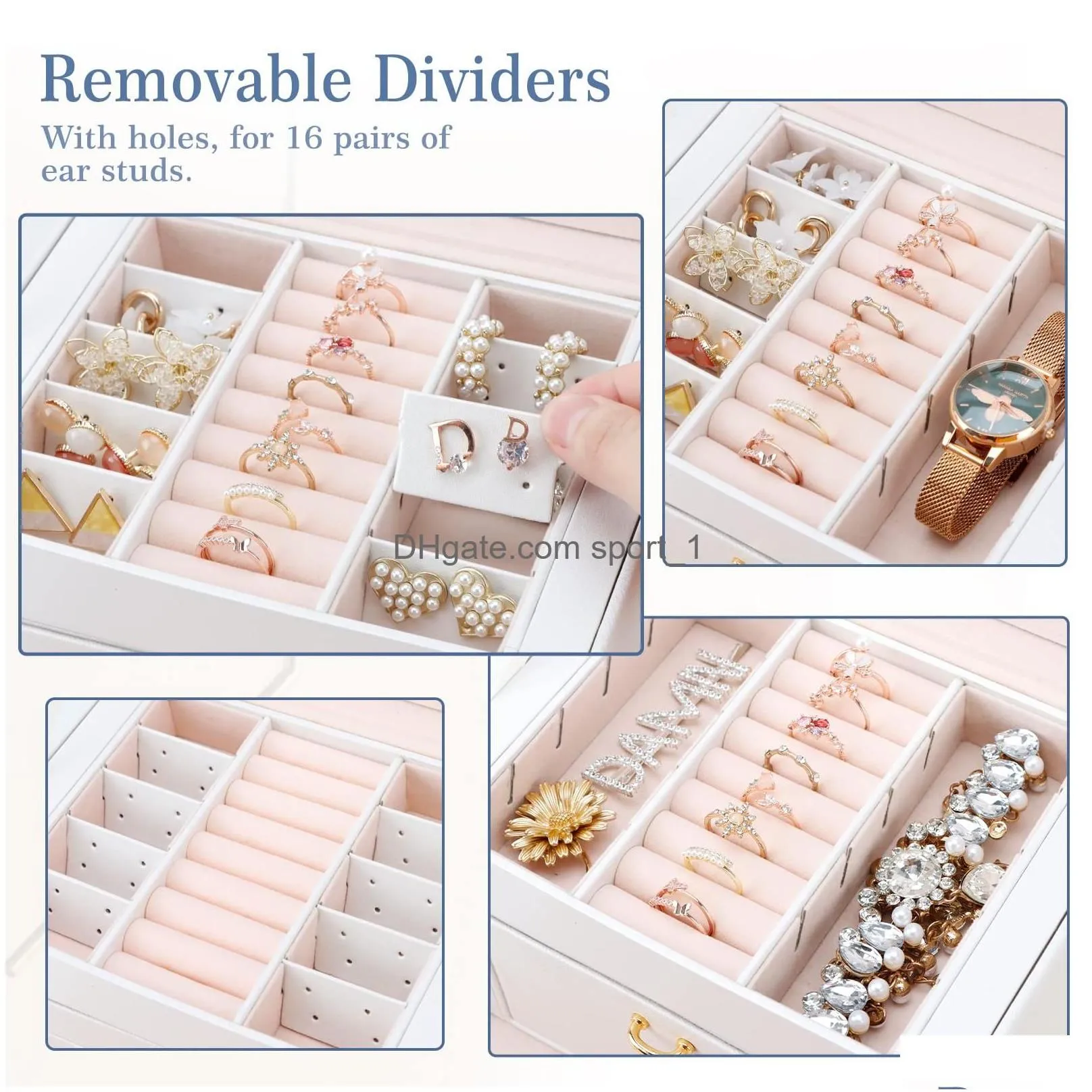 jewelry boxes box organizer display storage case holder with two layers lock mirror women girls leather for earrings rings necklaces