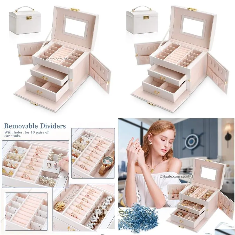 jewelry boxes box organizer display storage case holder with two layers lock mirror women girls leather for earrings rings necklaces