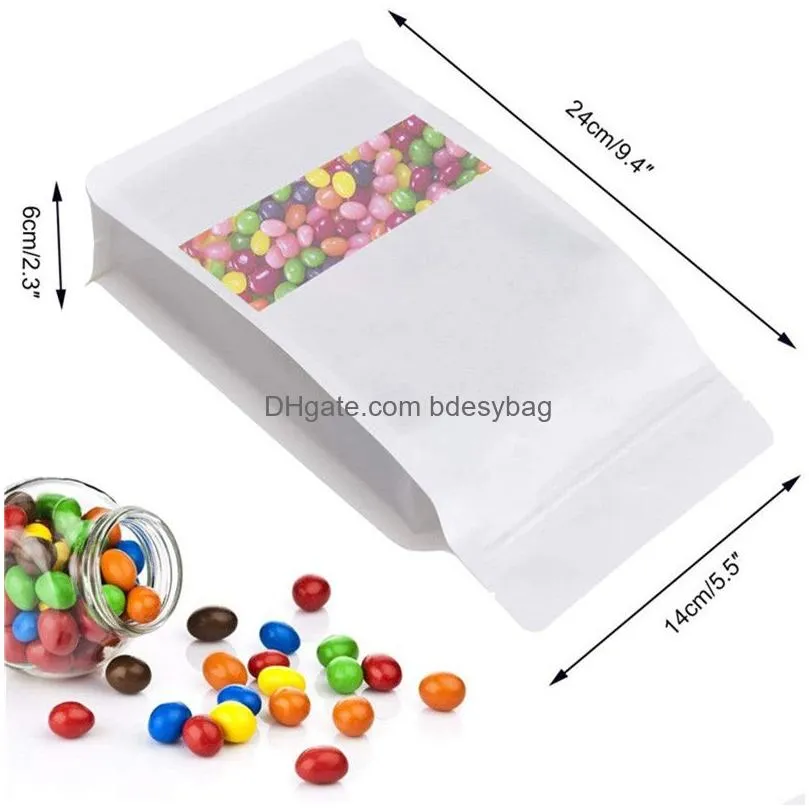 100pcs/lot reusable stand up kraft paper bags coffee snack cookie gifts storage bags with window food storage pouch