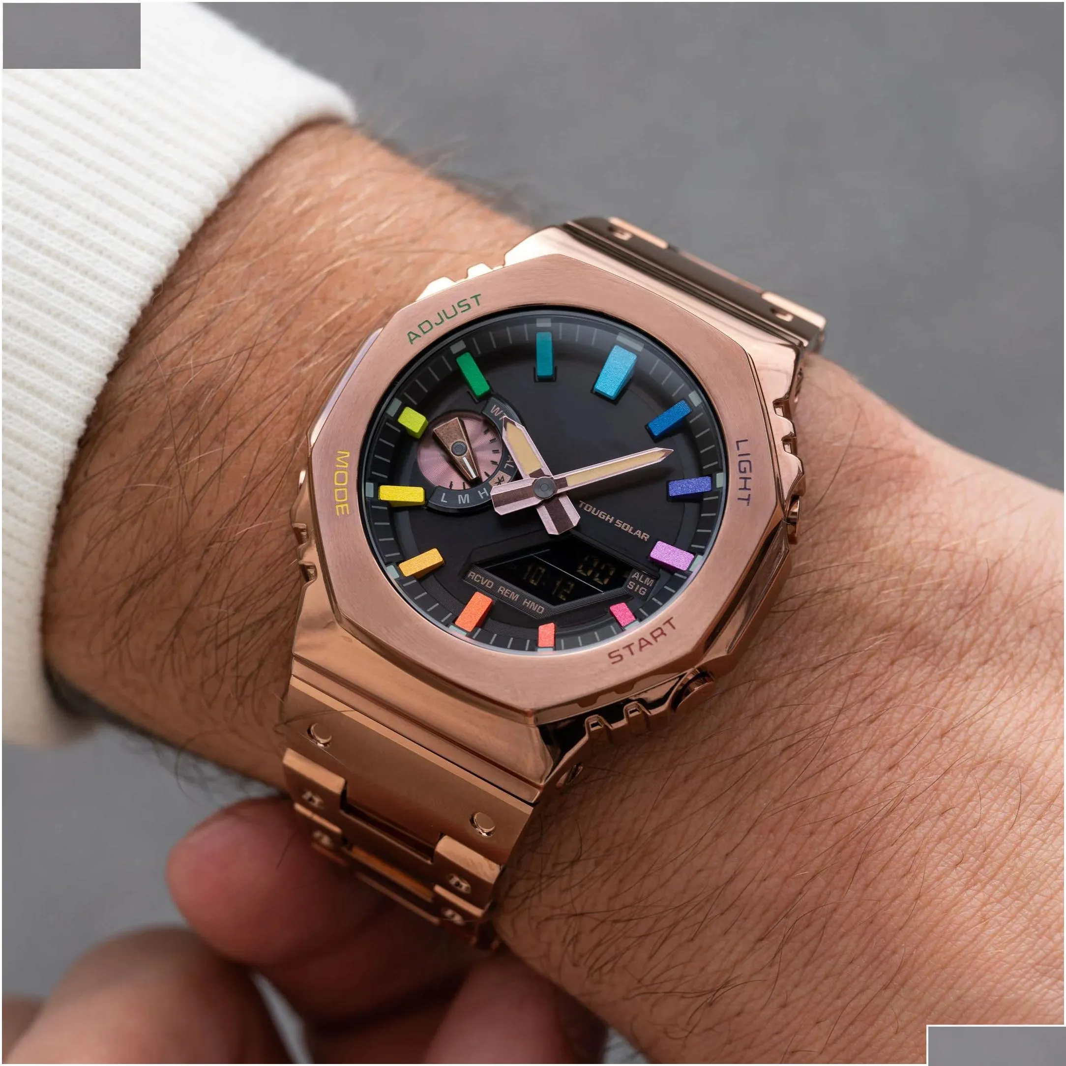 sports quartz digital uni watch original shock watch full function world time led automatic hand light alloy rainbow dial rose gold gm-b2100 oak