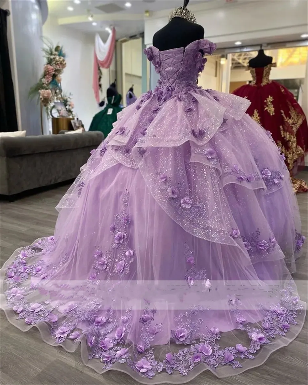 Lilac Ruffel Quinceanera Dresses Ball Gown 3D Flowers Off The Shoulder Sweet 15 16 Dress Birthday Party Gowns Graduation