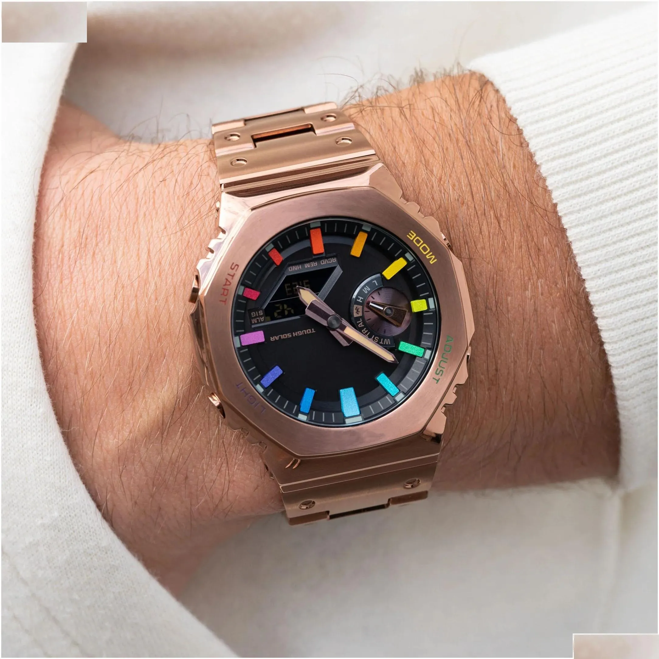 sports quartz digital uni watch original shock watch full function world time led automatic hand light alloy rainbow dial rose gold gm-b2100 oak