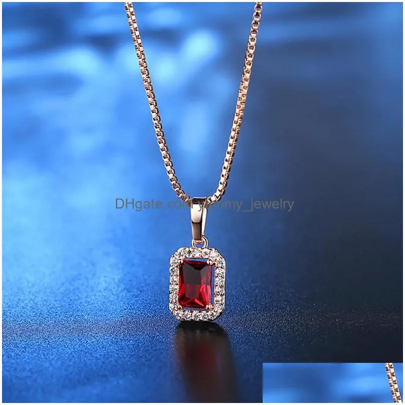 fashion luxury rose gold square pendant necklace women wedding engagement red crystal rhinestone zircon necklaces cubic zirconia party jewelry gift for