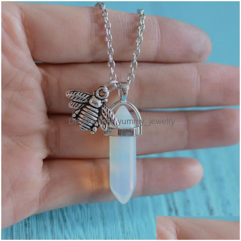 quartz crystal jewelry pendulum reiki healing natural stone bee hexagonal point gemstone charms chakra pendant necklace silver link