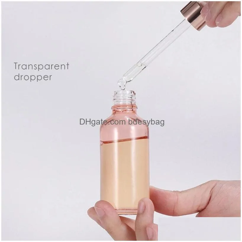 pink glass bottles with rose gold lid  oil dropper bottles 5ml 10ml 30ml 50ml refillable bottles travel cosmetic container