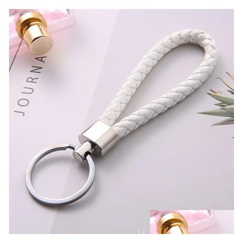 30 colors pu leather braided woven keychain rope rings fit diy circle pendant key chains holder car keyrings jewelry accessories