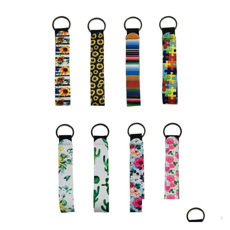 22 styles wristband keychains favor floral printed key chain neoprene key ring wristlet keychain party wholesale lanyard wrist strap for women