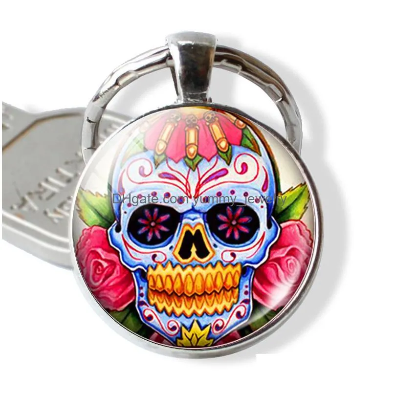 cute keychain mexico folk art colorful sugar skull glass pendant metal keyring day of the dead jewelry gift halloween gift