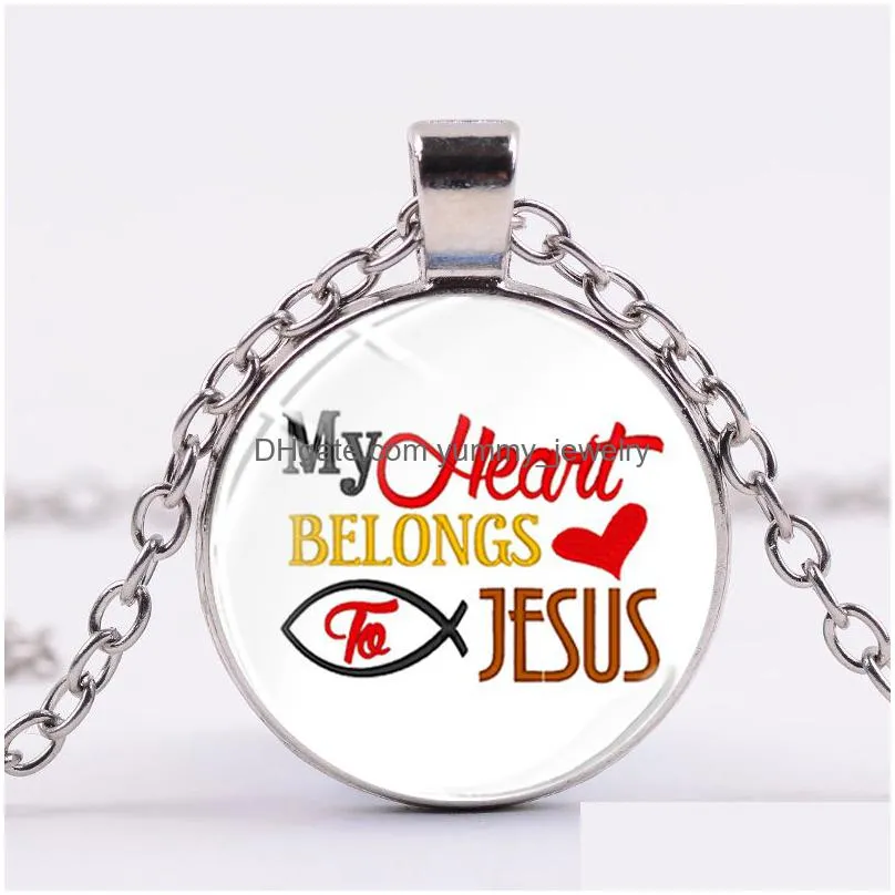 new arrival jesus necklace my heart belongs to jesus letter printed glass crystal pendant statement jewelry for christian