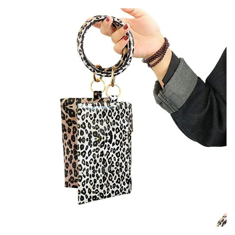 new pu bracelet keychain leather wrist key ring round leopard wallet bracelets handbag pendant purse lady clutch bag coin purse makeup