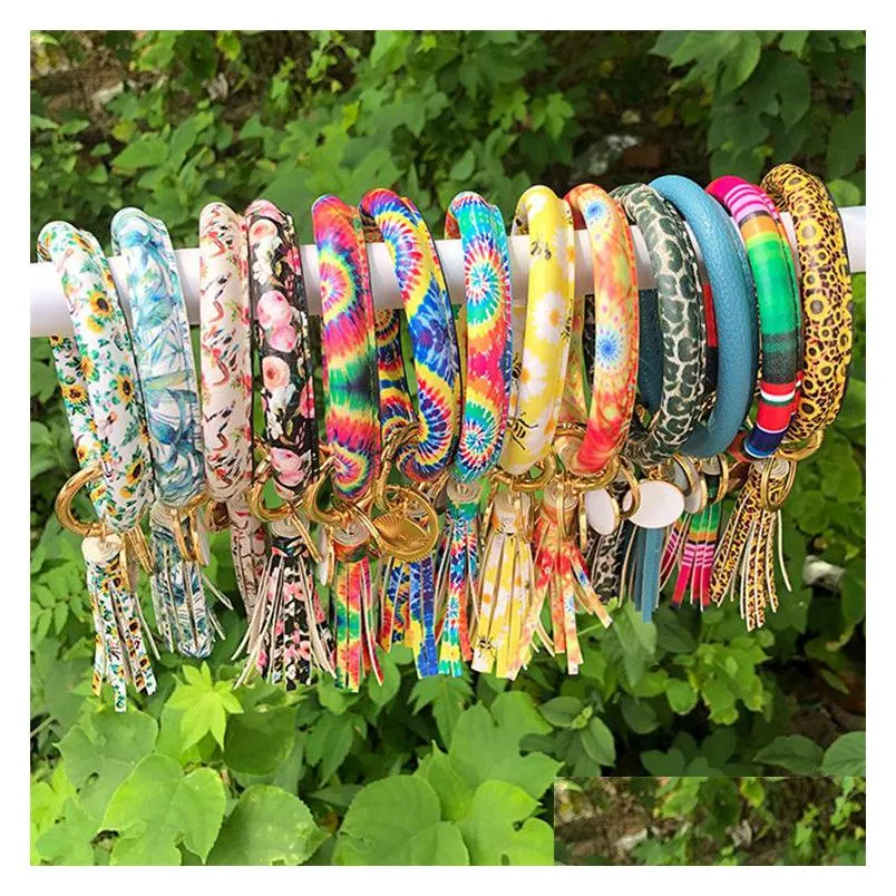 fashion women tassels bracelets bangle pu leather party wrap key ring leopard lily print keychain sunflower flag pattern circle chains keys holder