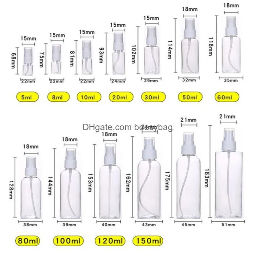 5ml 10ml 20ml 30ml 50ml 60ml 80ml 100ml 120ml plastic spray bottle empty refillable bottles perfume pet container for cleaning