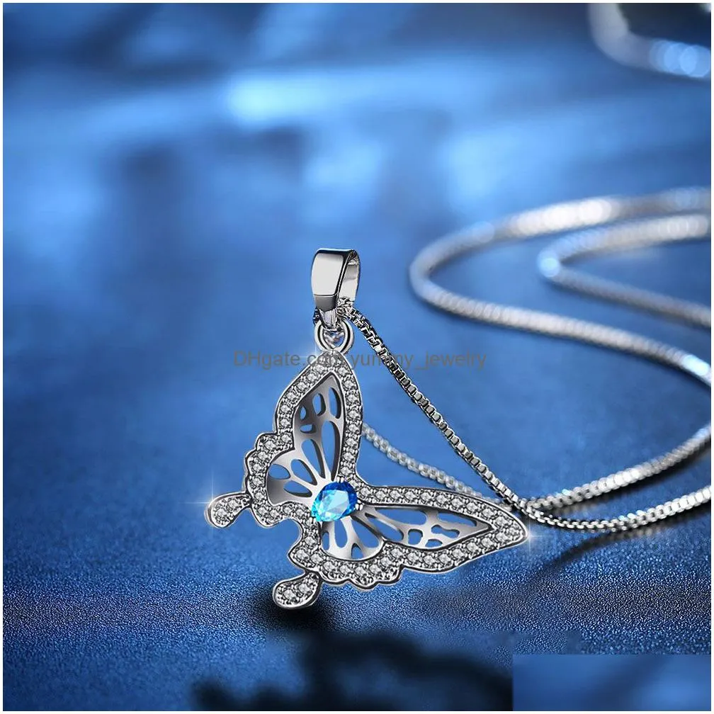 fashion butterfly necklaces wing pendants chain crystal rhinestone 925 silver women clavicle necklace pendant charm blue jewelry for