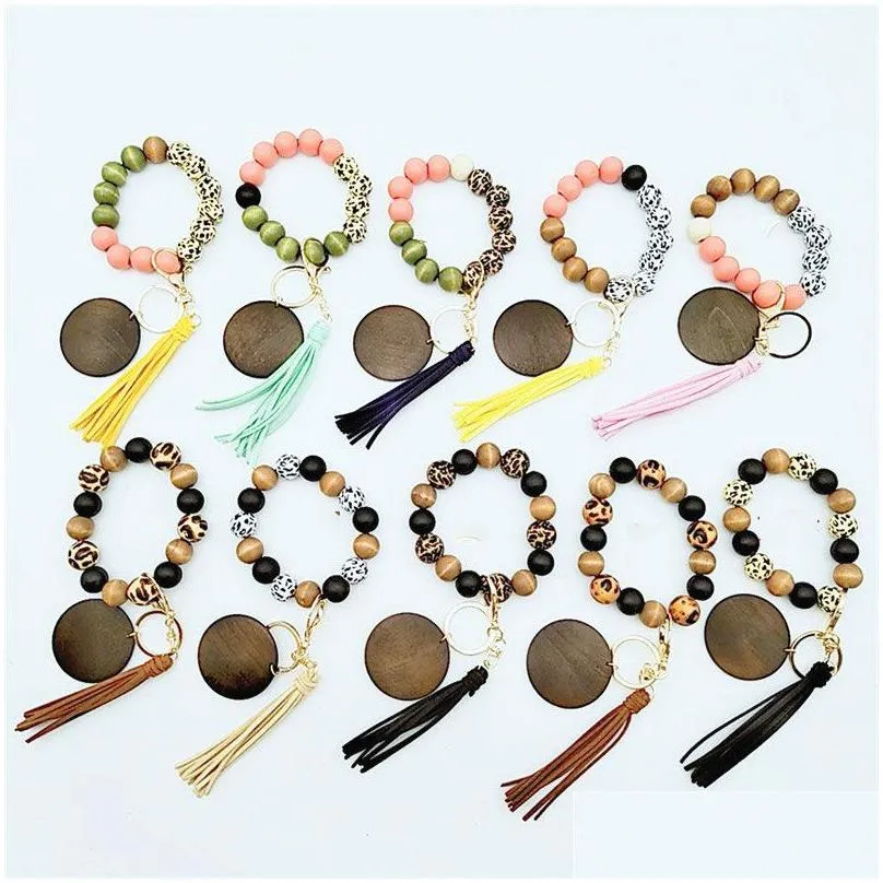 leopard print keychain bracelet women wooden beaded bangle key ring wristlet leather tassel for girl keyring portable house car keys holder dizzy creek