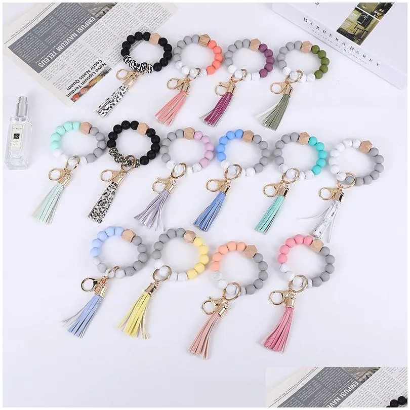 14 colors silicone key ring bracelet beaded wrislet keychain portable house car keys ring holder with tassel keyring bangle for women