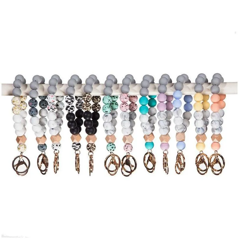 silicone key ring bracelet beaded wrislet keychain portable house car keys holder tassel chain wooden wristlet bangle elastic keyrings chains for women