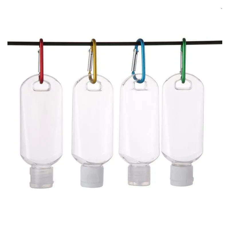 30pcs 50ml empty alcohol refillable bottle with key ring hook clear transparent plastic hand sanitizer bottle for travel