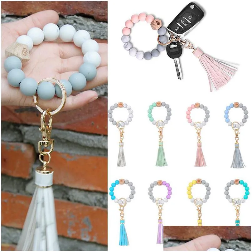 wooden tassel bead string bracelet keychain food grade silicone beads bracelets women girl key ring wrist strap beaded wristlet bangle chains for with